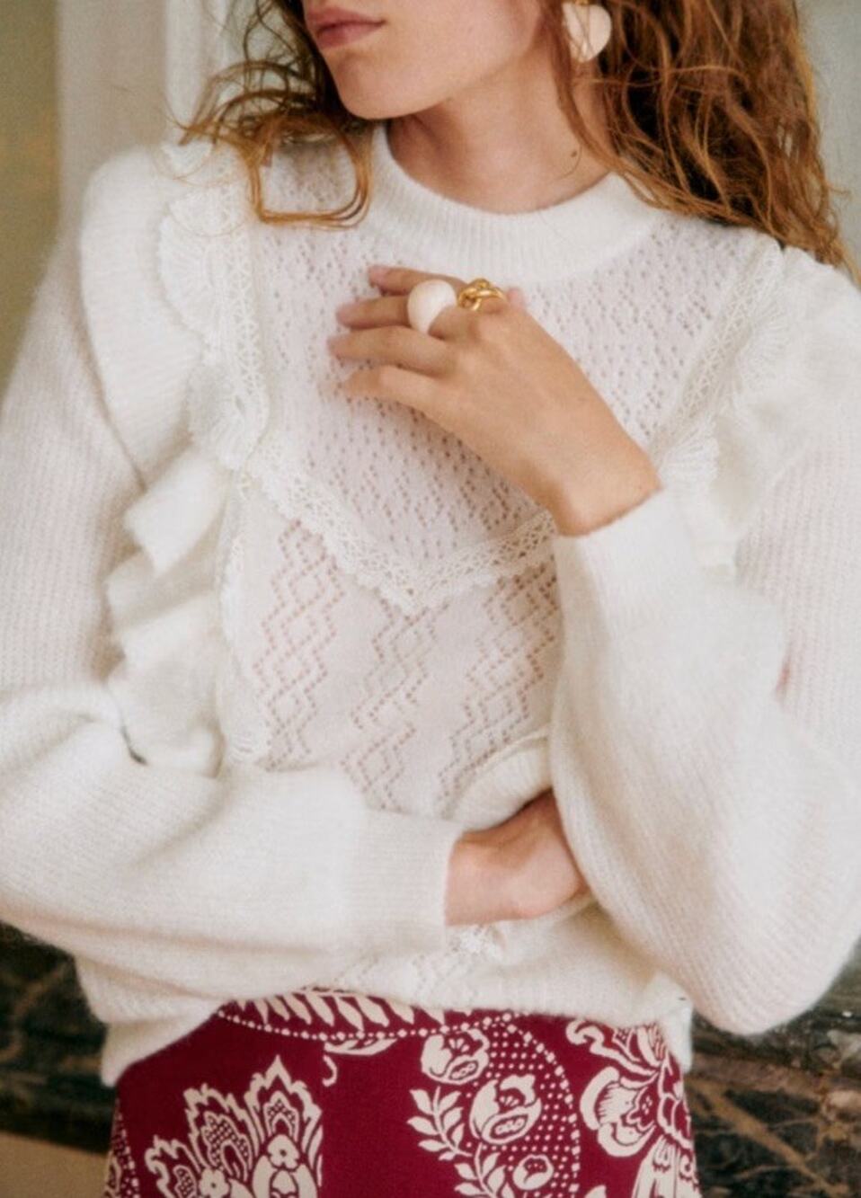 Sezane Domi Jumper M Ecru Super Kid Mohair Wool Ruffle Pointelle Sweater